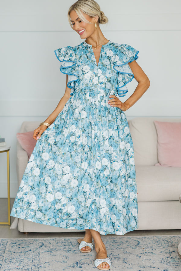 NURSING COLLECTION: Closer Than Ever Light Blue Floral Midi Dress