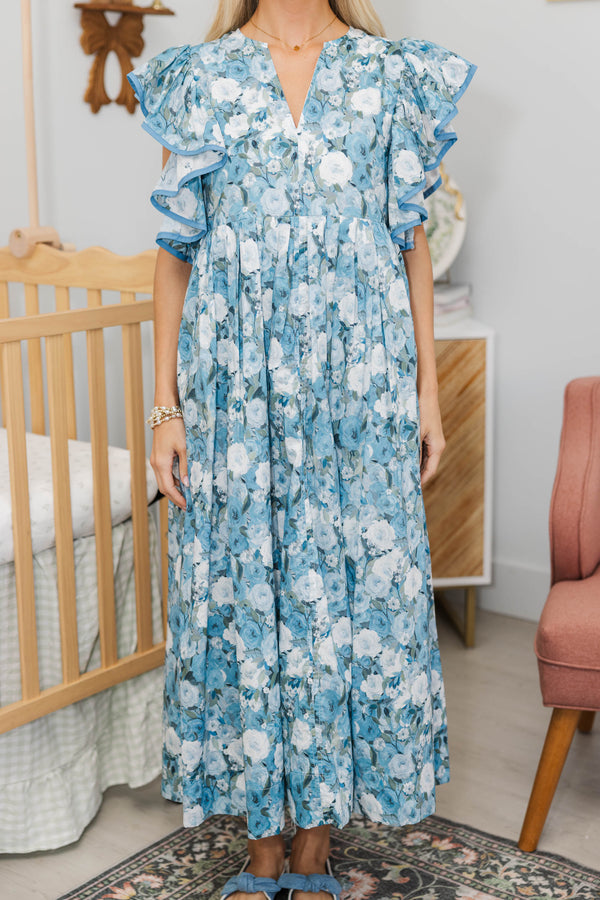 NURSING COLLECTION: Closer Than Ever Light Blue Floral Midi Dress