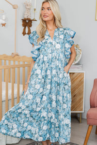 NURSING COLLECTION: Closer Than Ever Light Blue Floral Midi Dress