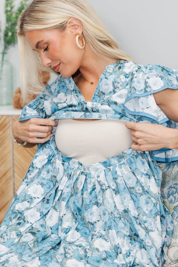 NURSING COLLECTION: Closer Than Ever Light Blue Floral Midi Dress
