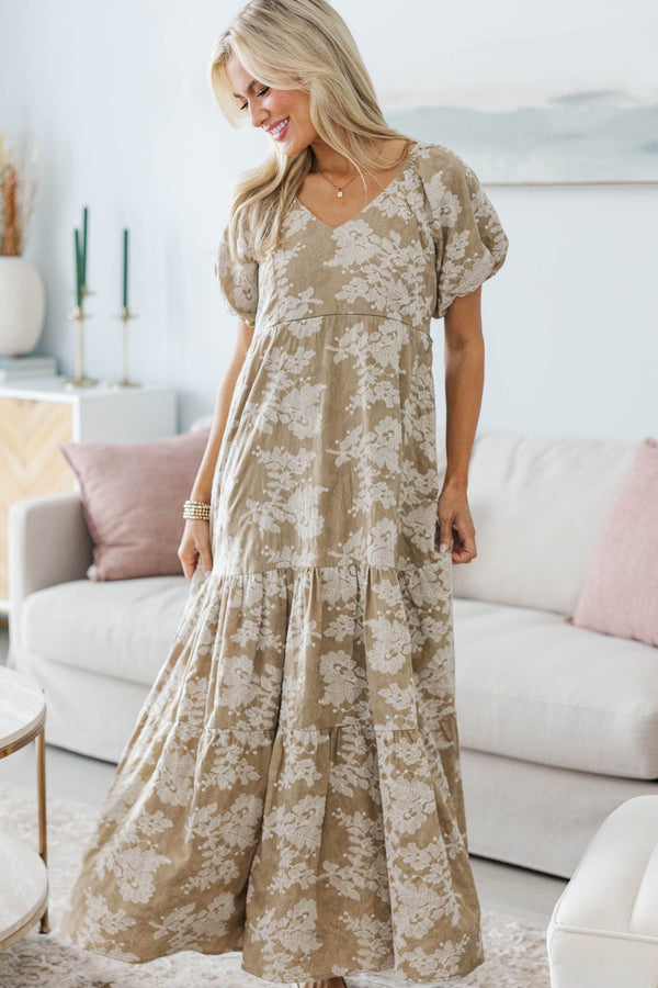 NURSING COLLECTION: Falling In Love Taupe Embroidered Maxi Dress