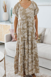 NURSING COLLECTION: Falling In Love Taupe Embroidered Maxi Dress