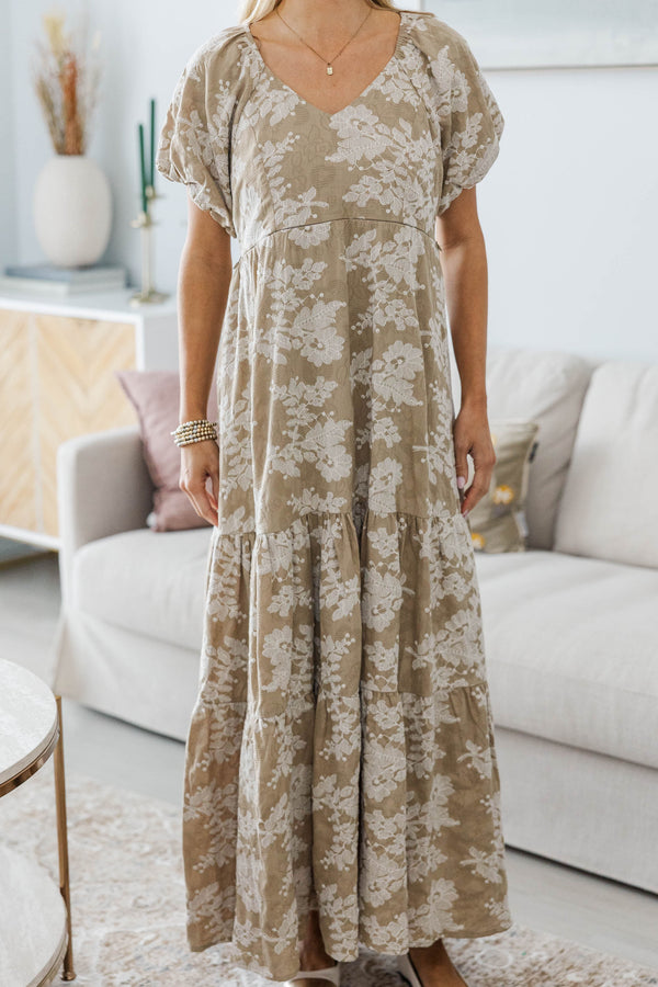 NURSING COLLECTION: Falling In Love Taupe Embroidered Maxi Dress