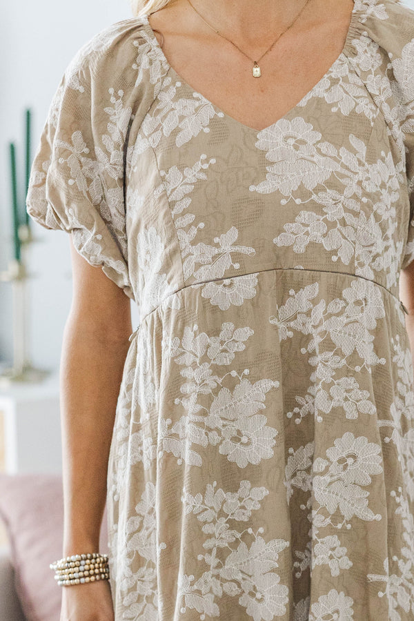 NURSING COLLECTION: Falling In Love Taupe Embroidered Maxi Dress