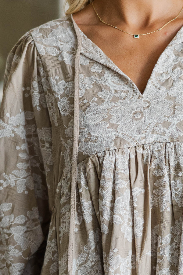 NURSING COLLECTION: It's All True Taupe Embroidered Dress