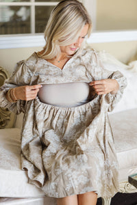 NURSING COLLECTION: It's All True Taupe Embroidered Dress