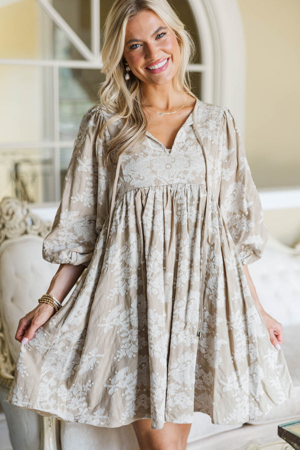 NURSING COLLECTION: It's All True Taupe Embroidered Dress