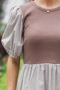 Muted Moments Mocha Striped Midi Dress