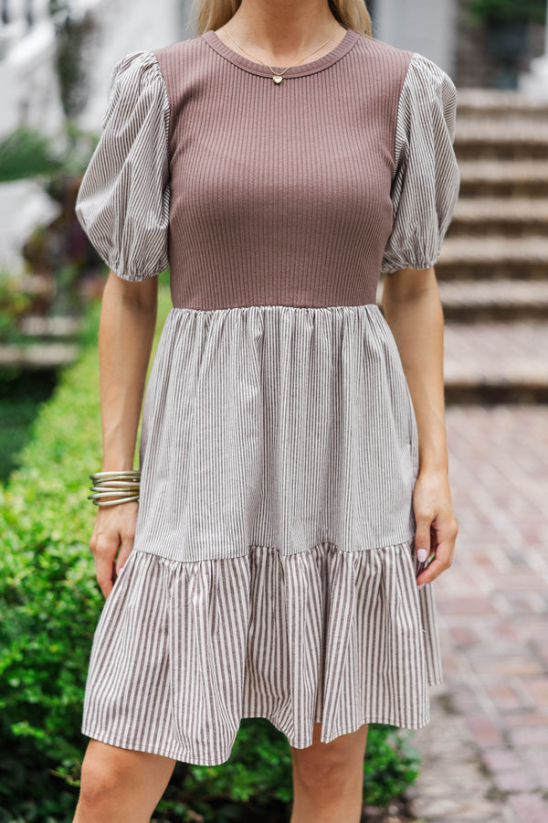 Muted Moments Mocha Striped Midi Dress