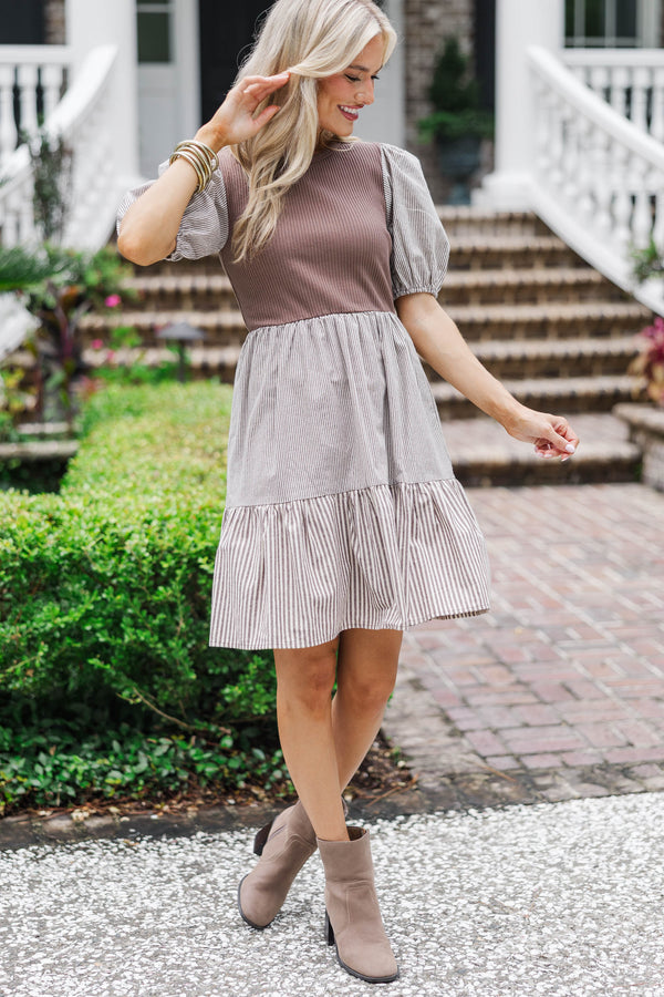 Muted Moments Mocha Striped Midi Dress