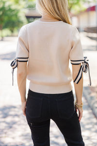 Sweetly Stitched Taupe Bow Sweater