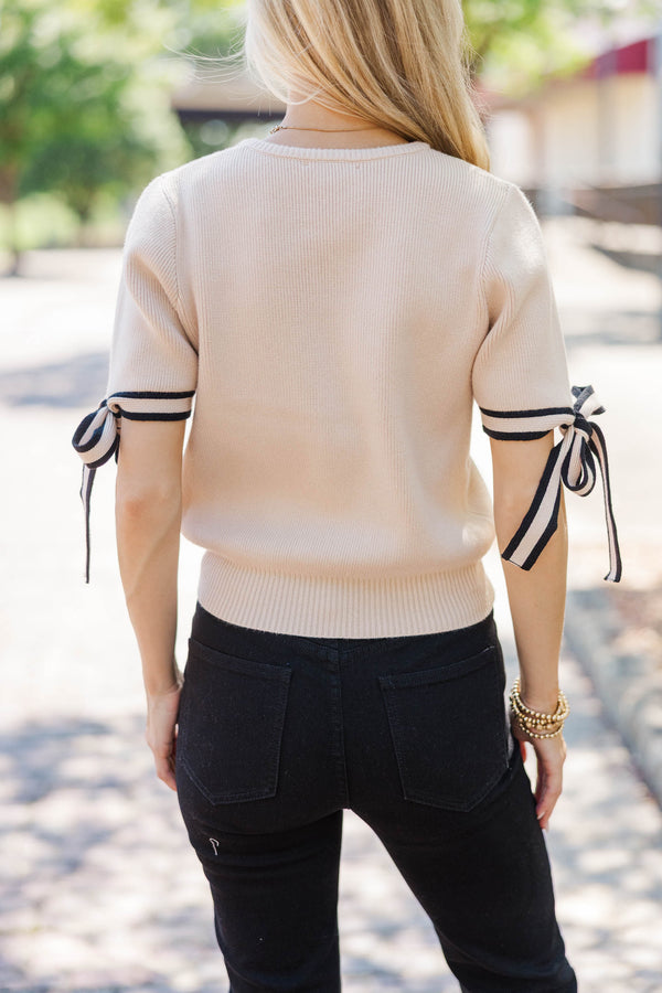 Sweetly Stitched Taupe Bow Sweater