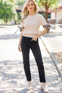 Sweetly Stitched Taupe Bow Sweater
