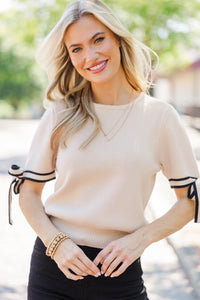 Sweetly Stitched Taupe Bow Sweater