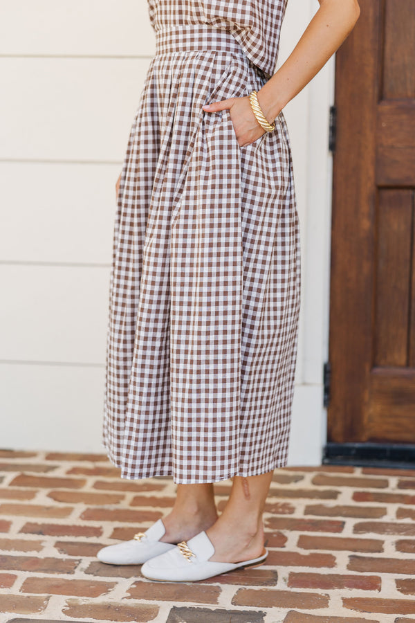 Picnic Plans Brown Gingham Midi Skirt Shop the Mint Picnic Plans Brown Gingham Midi Skirt Shop the Mint