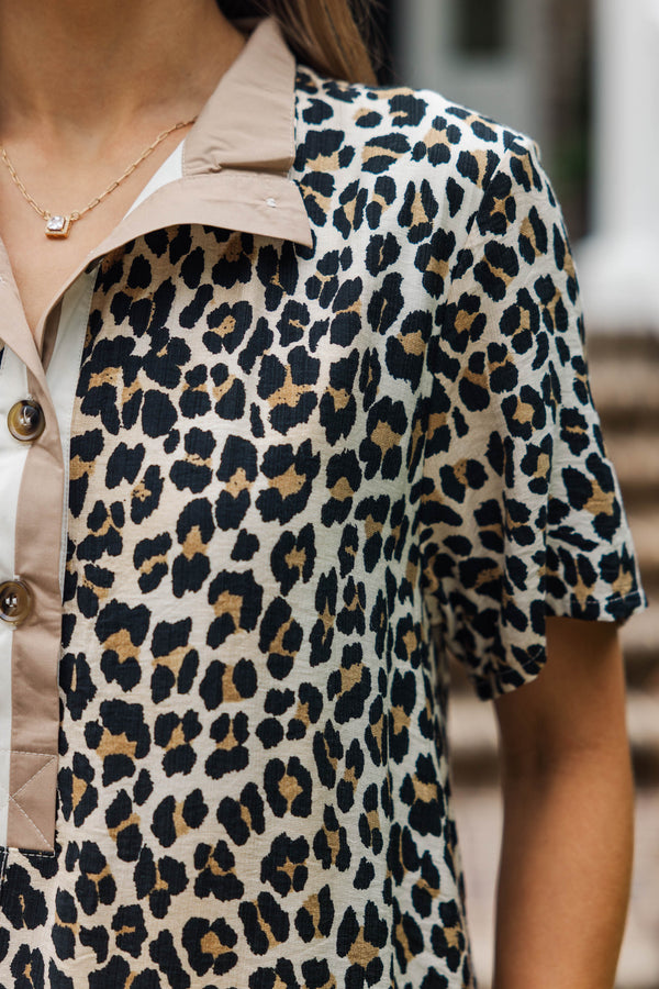 Effortless Fun Camel Leopard Print Dress