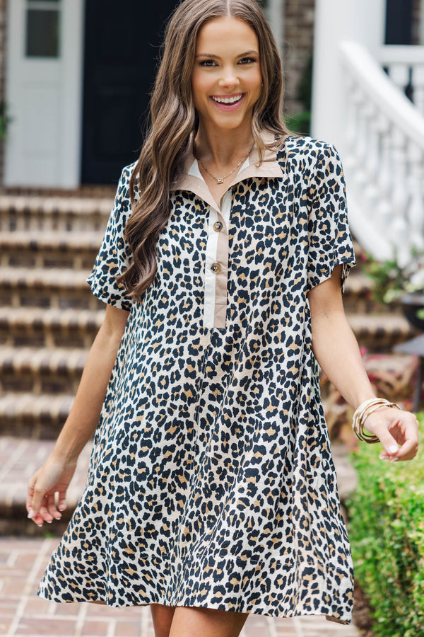 Effortless Fun Camel Leopard Print Dress