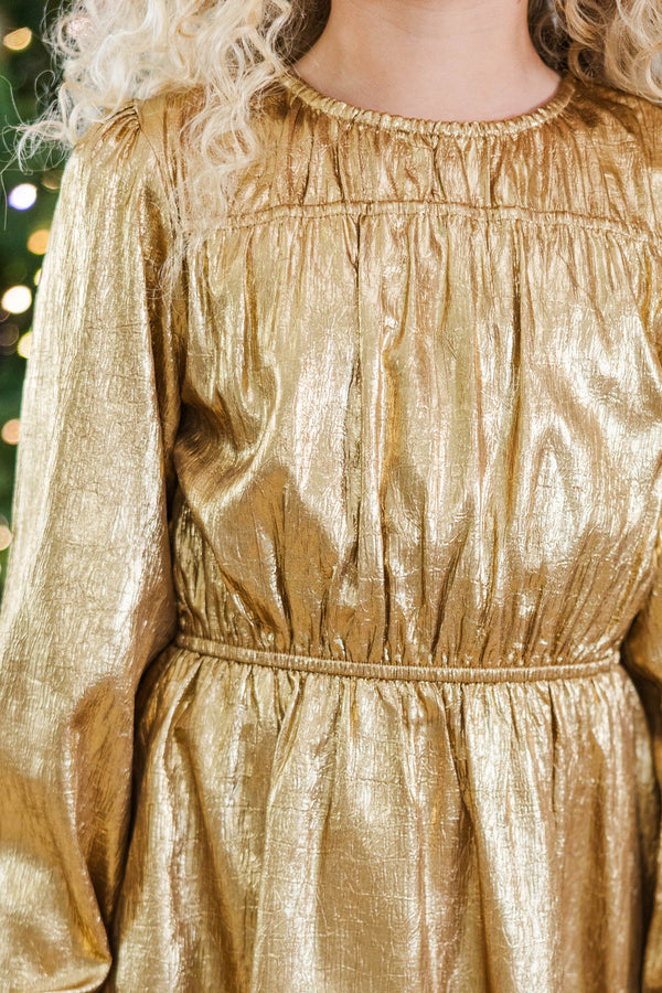 Girls: AnnaBelle Textured Gold Foiled Smocked Dress