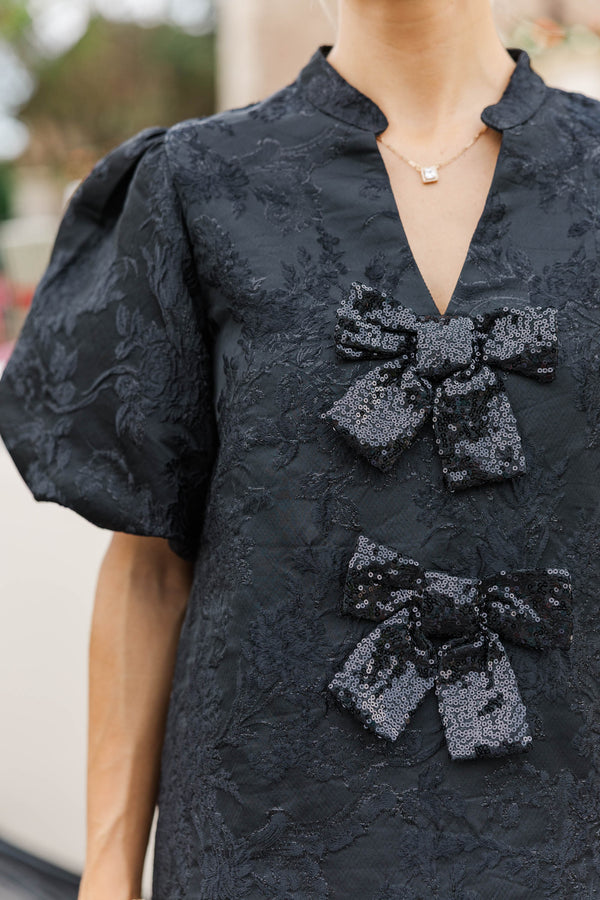 Ever After Hours Black Brocade Bow Shift Dress