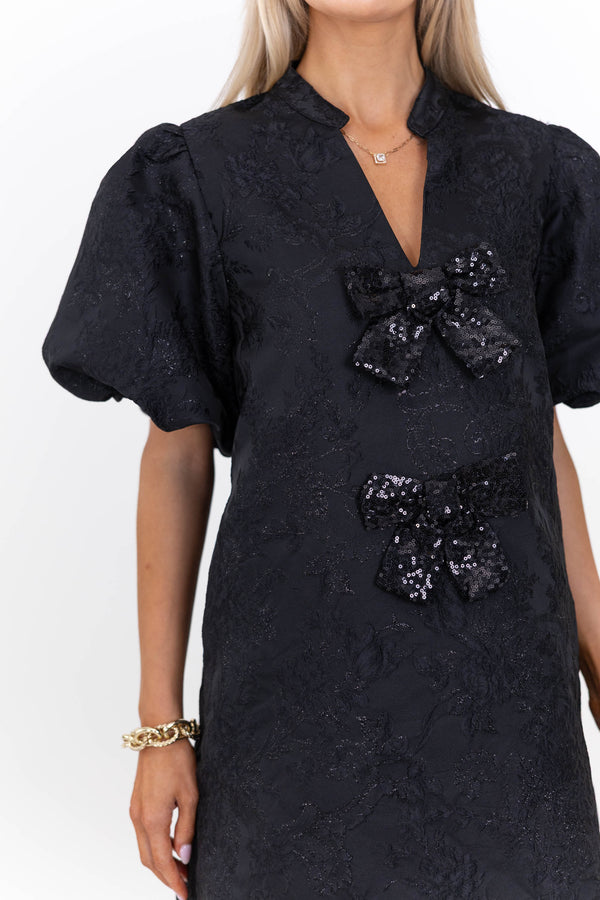 Ever After Hours Black Brocade Bow Shift Dress