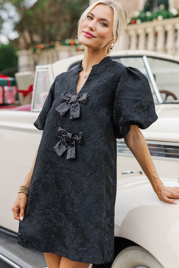 Ever After Hours Black Brocade Bow Shift Dress