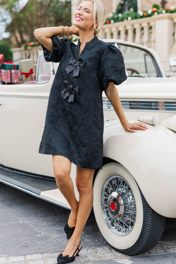 Ever After Hours Black Brocade Bow Shift Dress
