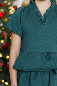 Girls: Something New Emerald Green Textured Babydoll Dress