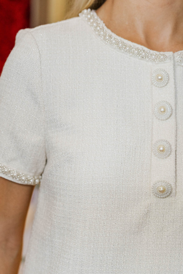 The Tradition Cream Embellished Pleated Tweed Dress
