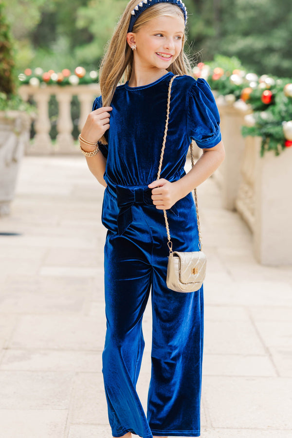Girls: The Hailey Navy Blue Velvet Jumpsuit