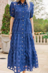 So Worth It Navy Organza Button Down Midi Dress