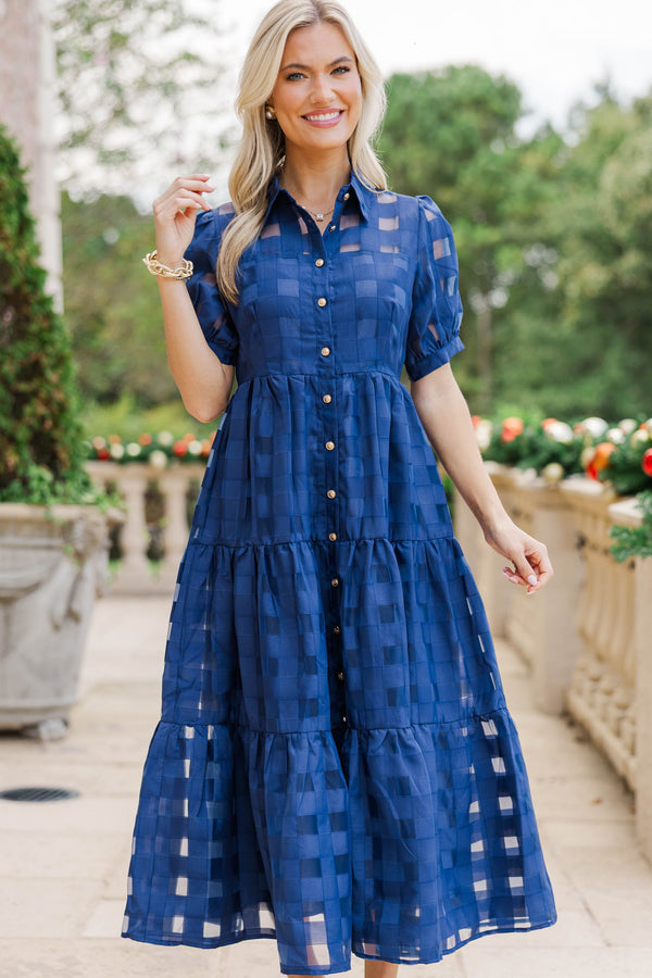 So Worth It Navy Organza Button Down Midi Dress