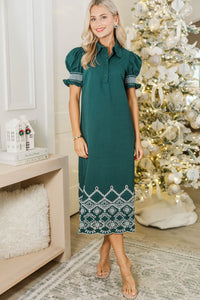 The Woodland Muse Emerald Embroidered Midi Dress