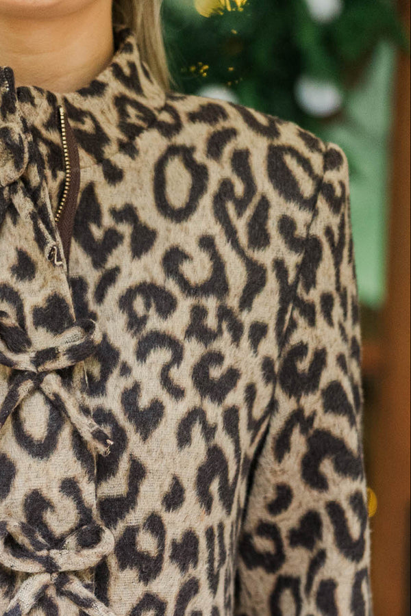 Cool And Cozy Brown Leopard Bow Detail Coat