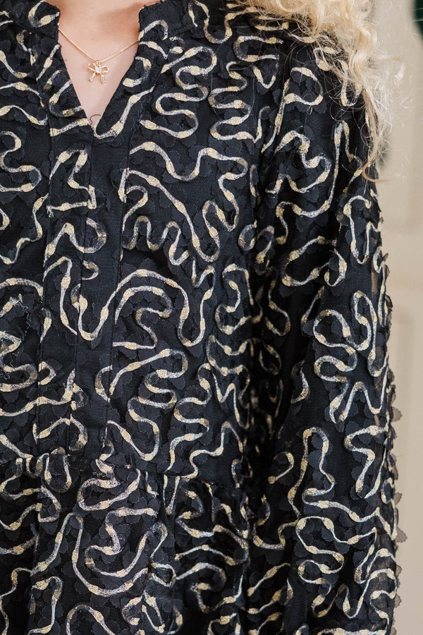 Girls: Always On My Mind Black Textured Babydoll Dress