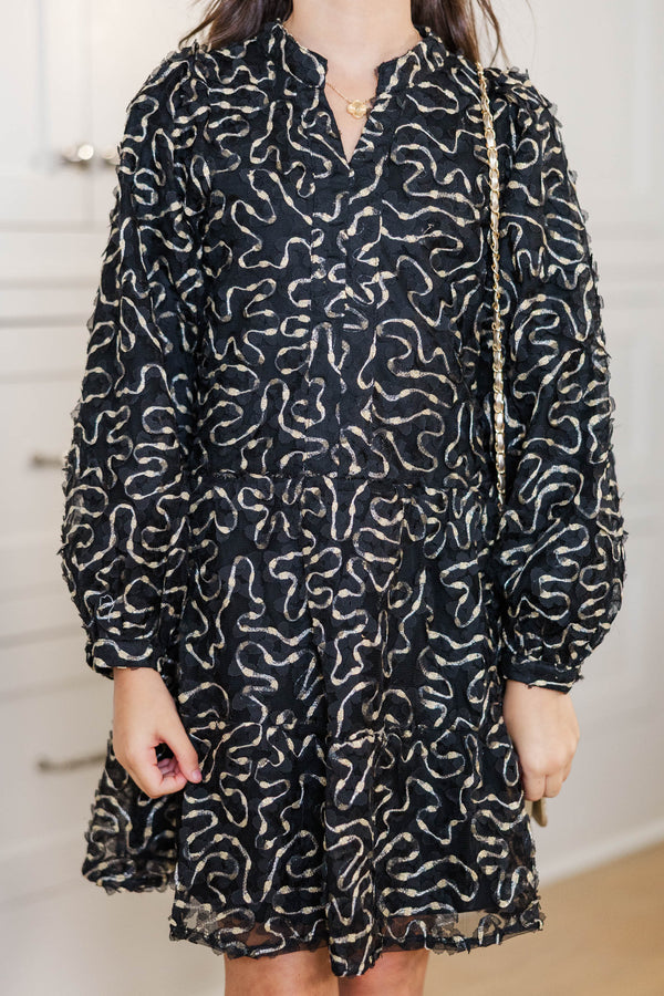 Girls: Always On My Mind Black Textured Babydoll Dress