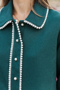 The Kindness Emerald Green Pearl Embellished Button Down Dress