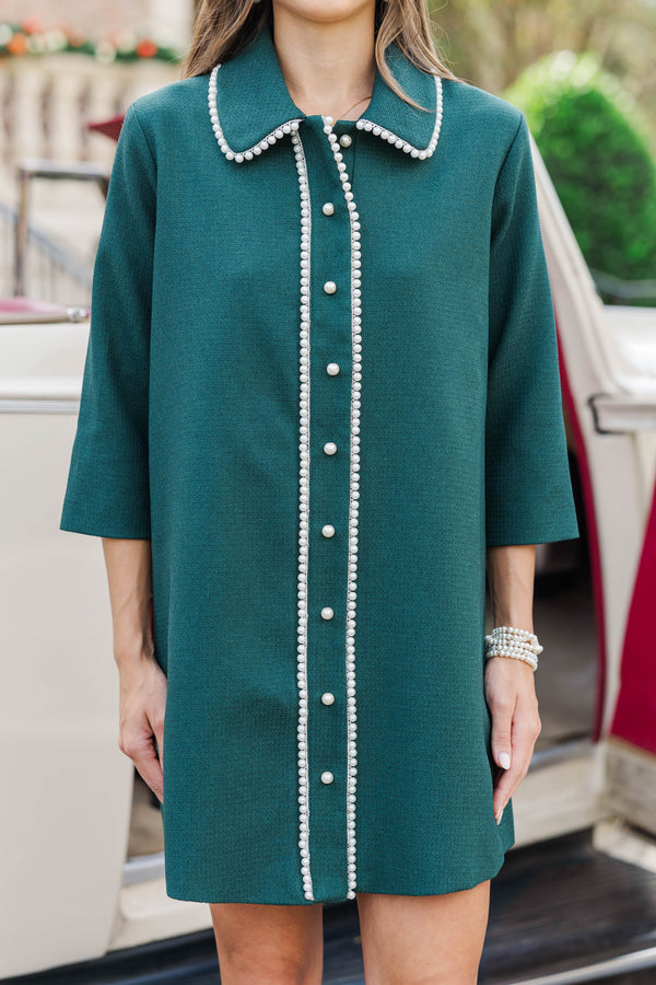The Kindness Emerald Green Pearl Embellished Button Down Dress