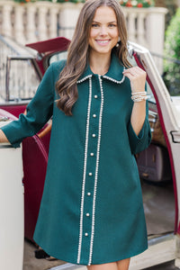 The Kindness Emerald Green Pearl Embellished Button Down Dress