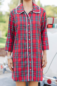 The Kindness Red Tartan Plaid Embellished Button Down Dress