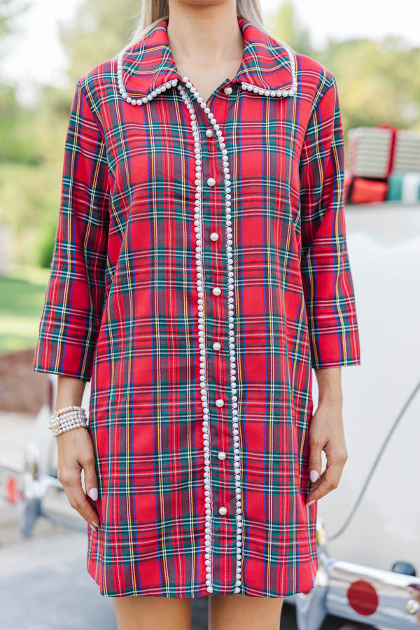 The Kindness Red Tartan Plaid Embellished Button Down Dress