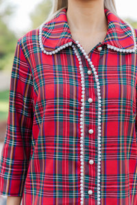 The Kindness Red Tartan Plaid Embellished Button Down Dress
