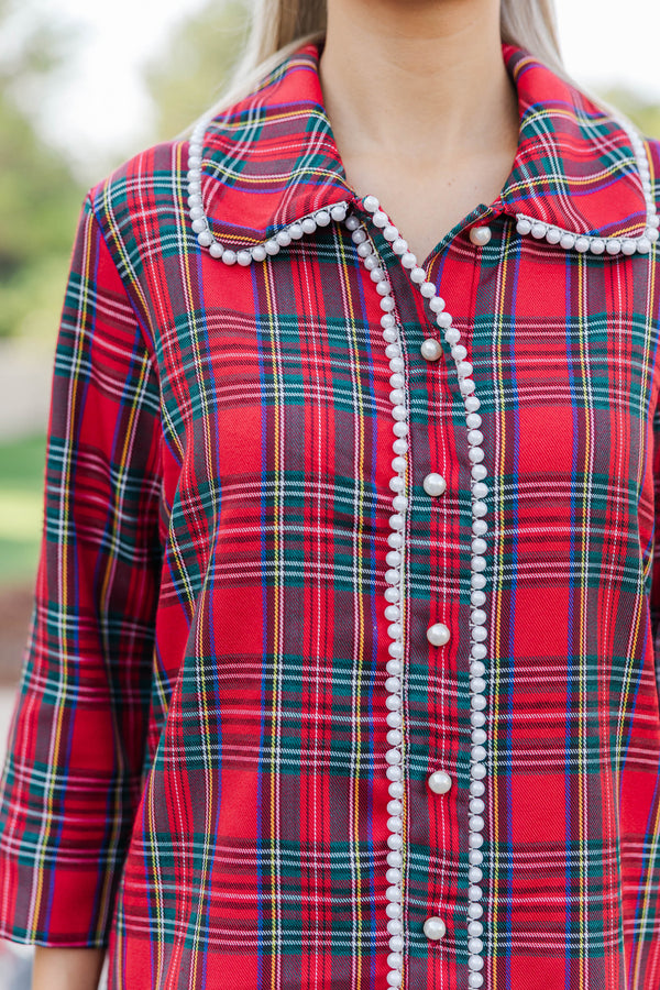 The Kindness Red Tartan Plaid Embellished Button Down Dress
