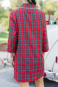 The Kindness Red Tartan Plaid Embellished Button Down Dress