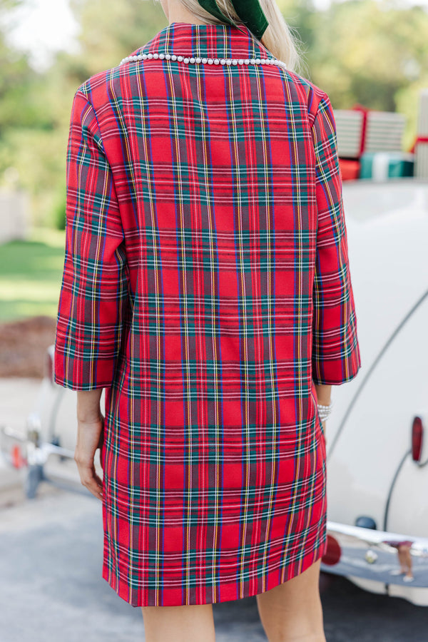 The Kindness Red Tartan Plaid Embellished Button Down Dress