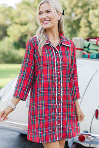 The Kindness Red Tartan Plaid Embellished Button Down Dress