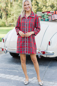 The Kindness Red Tartan Plaid Embellished Button Down Dress