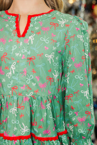 Girls: In Your Happy Place Green Bow Print Dress