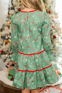 Girls: In Your Happy Place Green Bow Print Dress