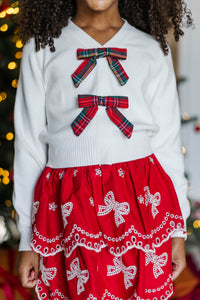 Girls: The Harlow Cream Red Plaid Bow Cardigan