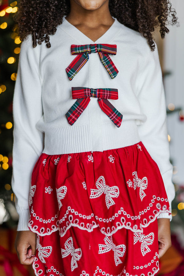 Girls: The Harlow Cream Red Plaid Bow Cardigan